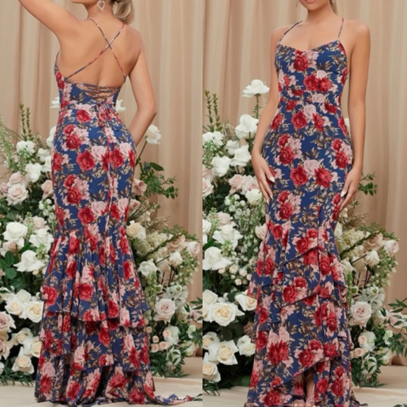 Accessories - Luxe floral print lace up back ruffle mermaid hem maxi dress